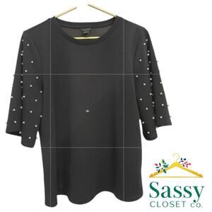 Ann Taylor Black Pearl Sleeve Soft Stretch Statement Blouse Size M EUC